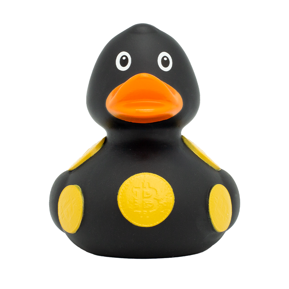 Pato de goma Crypto Duck con diseño negro, puntos amarillos y símbolo de Bitcoin.