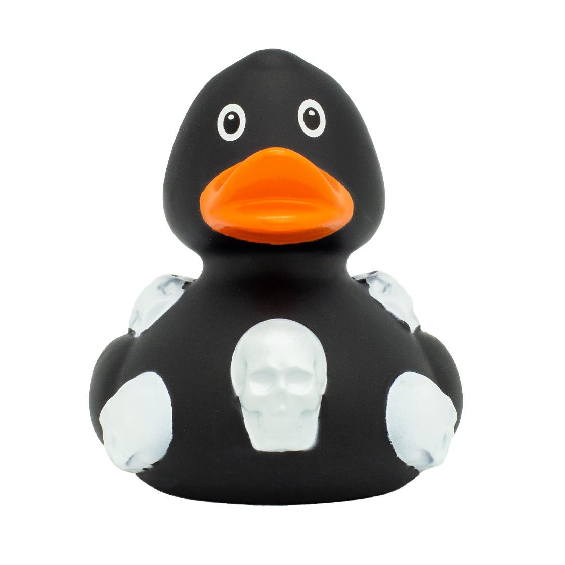 Pato de goma negro decorado con dibujos de calaveras blancas, un diseño audaz y llamativo.